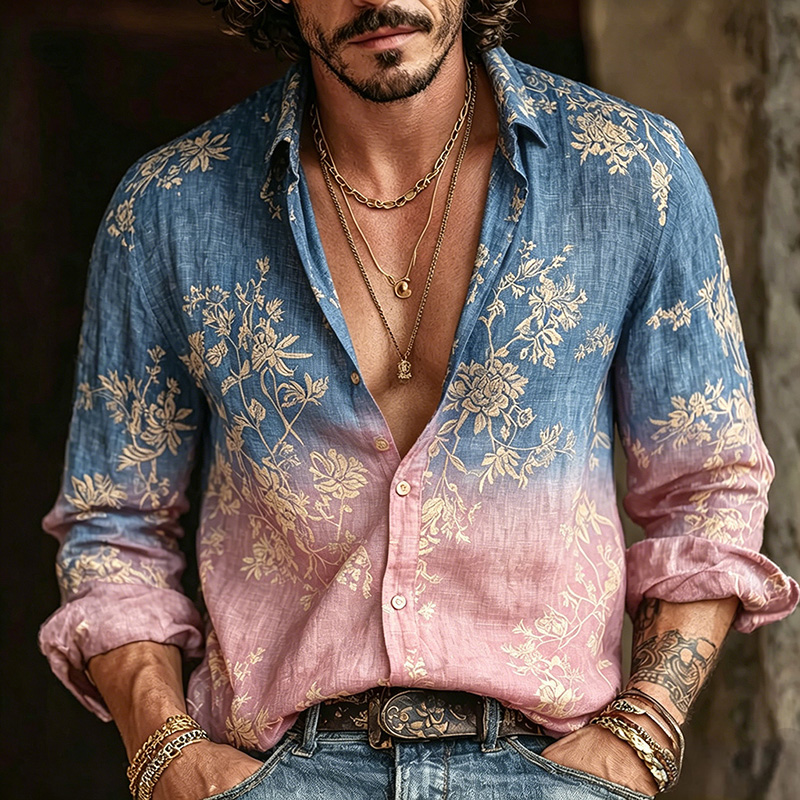 Comstylish Men's Retro Bohemian Floral Print Casual Linen Shirt