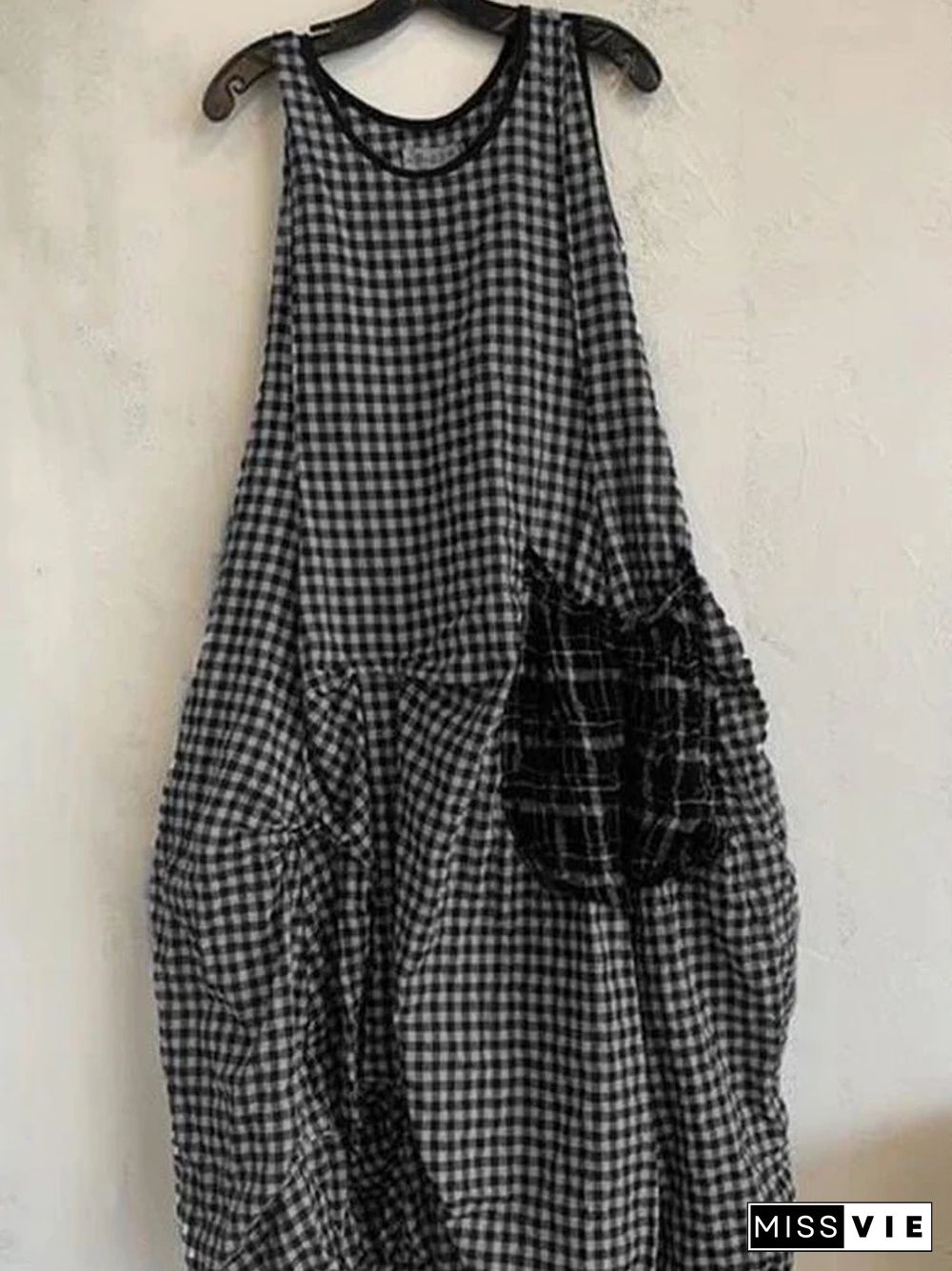 Plaid Print Color-block Paneled Pockets Vintage Midi Dress