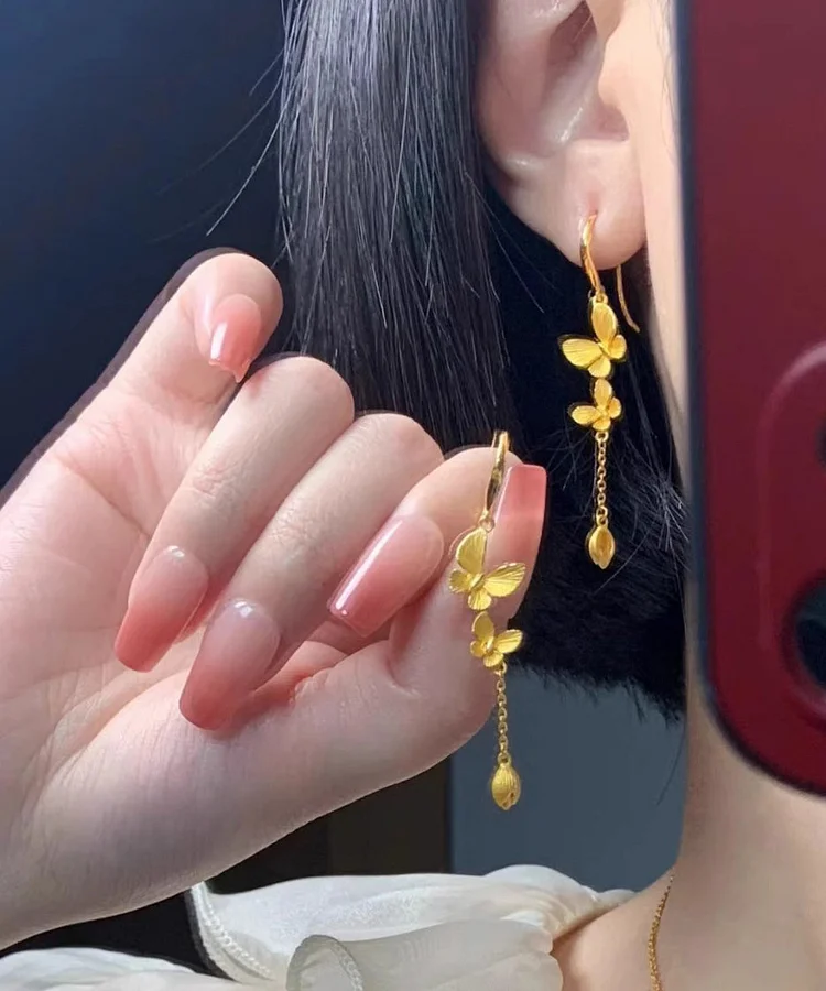 Elegant Gold Alloy Bow Tassel Drop Earrings