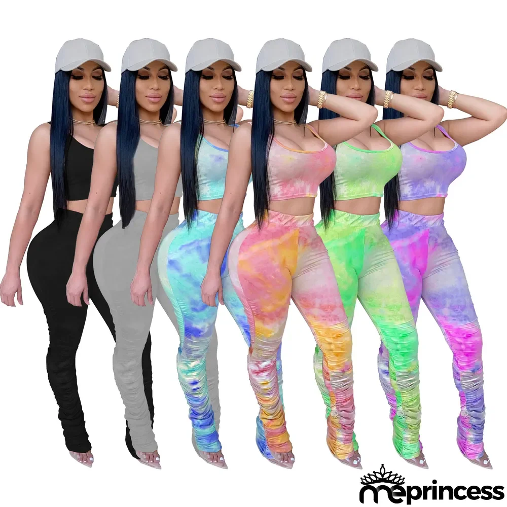 Tie Dye Print Cami Top Stacked Pants Two Piece Suits