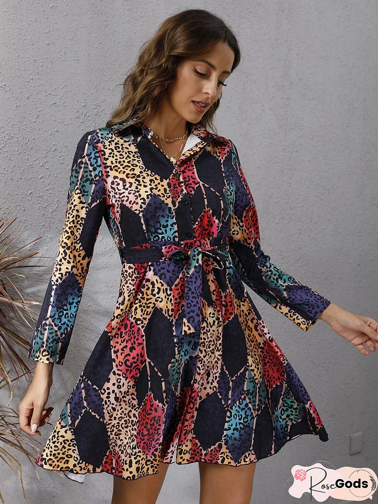 Spring / Summer New Geometric Print Dress Lapel Belt Long Sleeve Middle and Long Skirt Fashion Temperament Commuter Women's Wear