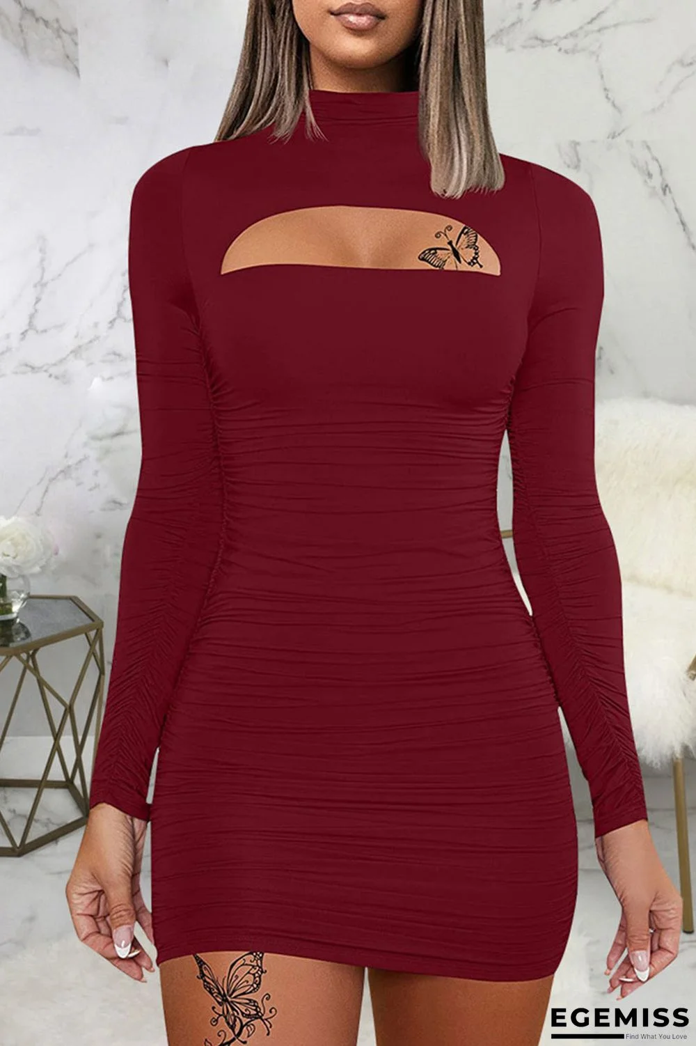 Burgundy Sexy Solid Hollowed Out Patchwork Fold Half A Turtleneck One Step Skirt Dresses | EGEMISS