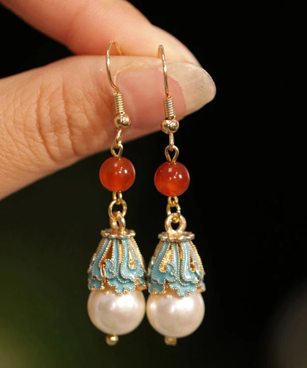 Unique White Sterling Silver Overgild Gem Stone Pearl Drop Earrings