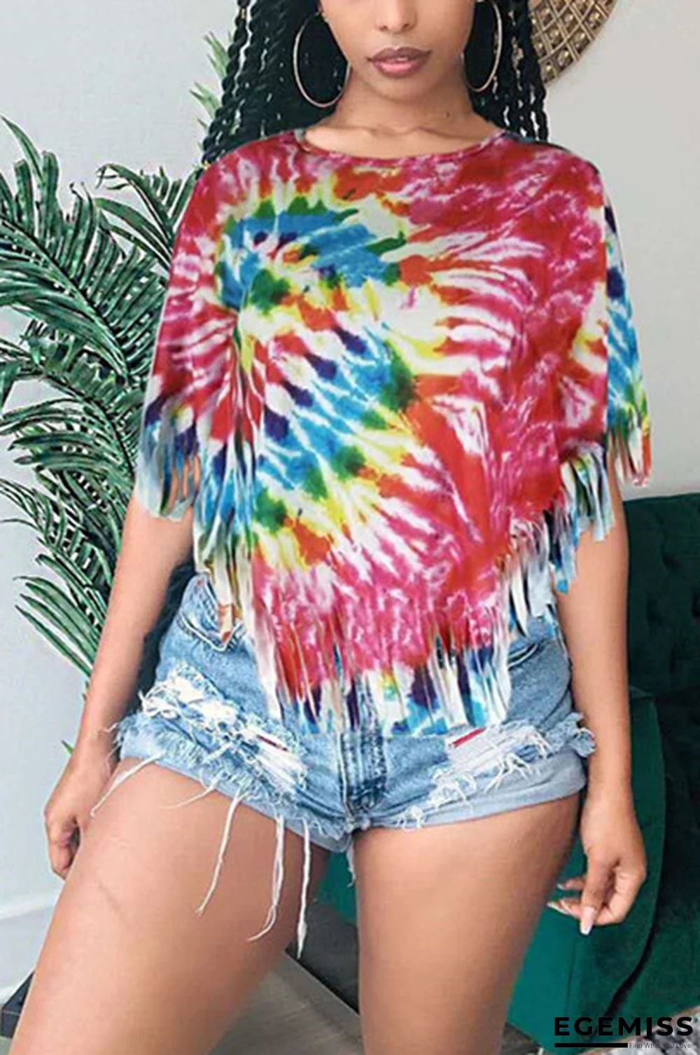Multi-color O Neck Half Sleeve Print tassel Floral asymmetrical Tees & T-shirts | EGEMISS