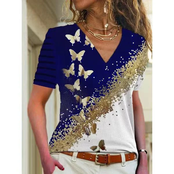 Fashion and casual printing trendy V-neck T-shirt