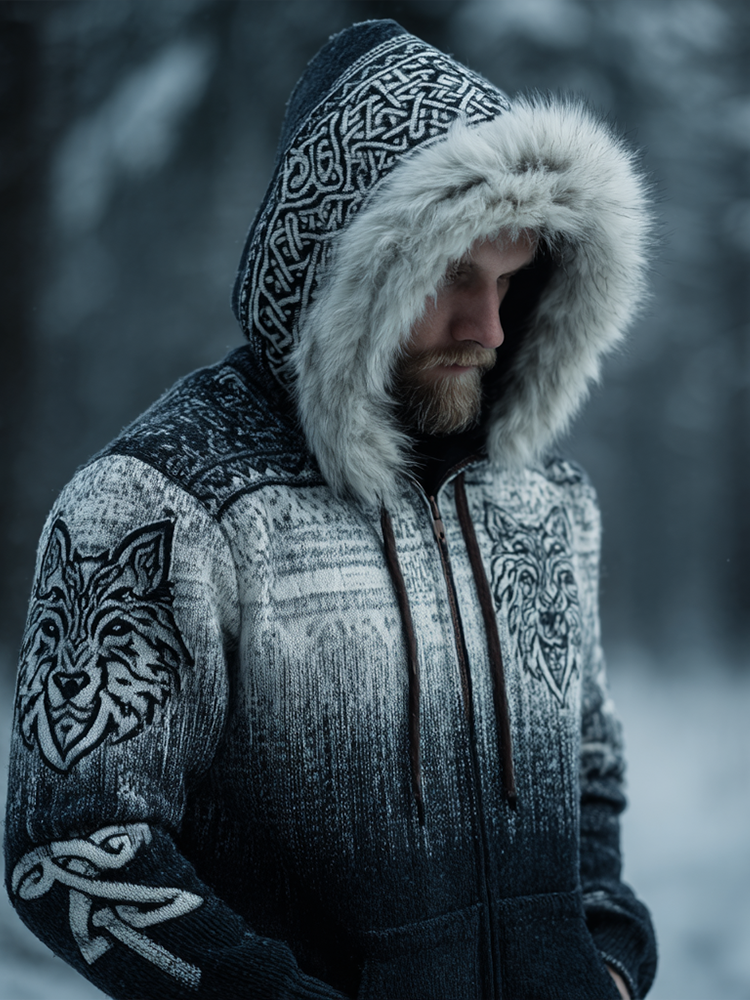 Men's Winter Vintage Viking Style Hooded Knitted Sweater Coat elevenforest
