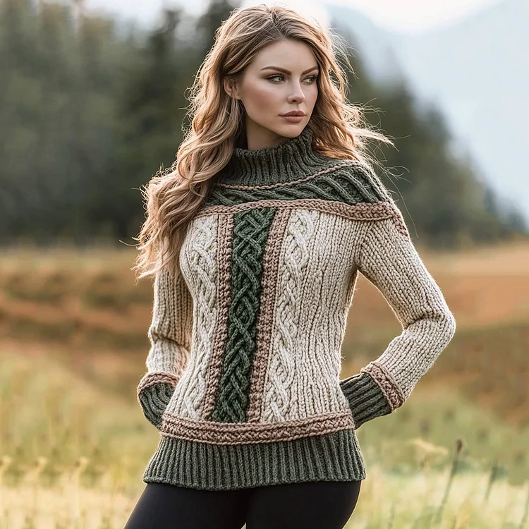 Women's Jacquard Contrast Turtleneck Cozy Aran Sweater