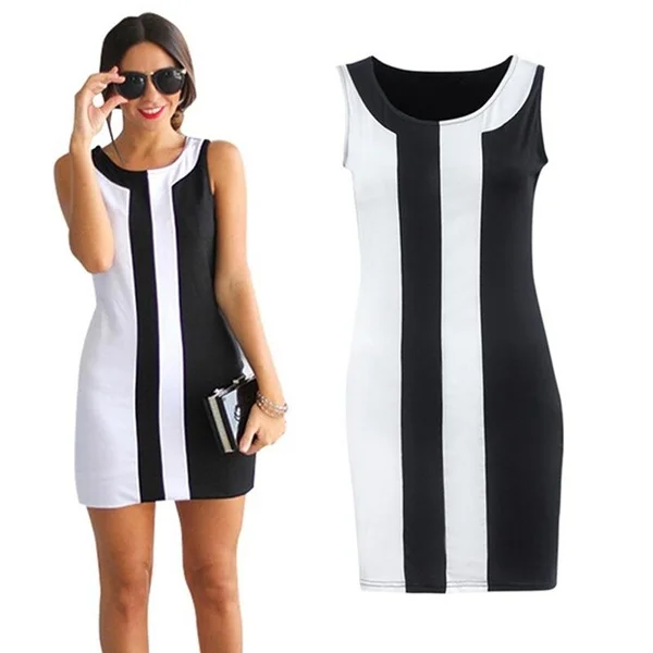 Summer Fashion Women O-neck Sleeveless Black and White Patchwork Party Mini Dress