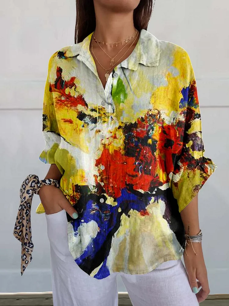 Womens Modern Art Pattern Cotton And Linen Shirt