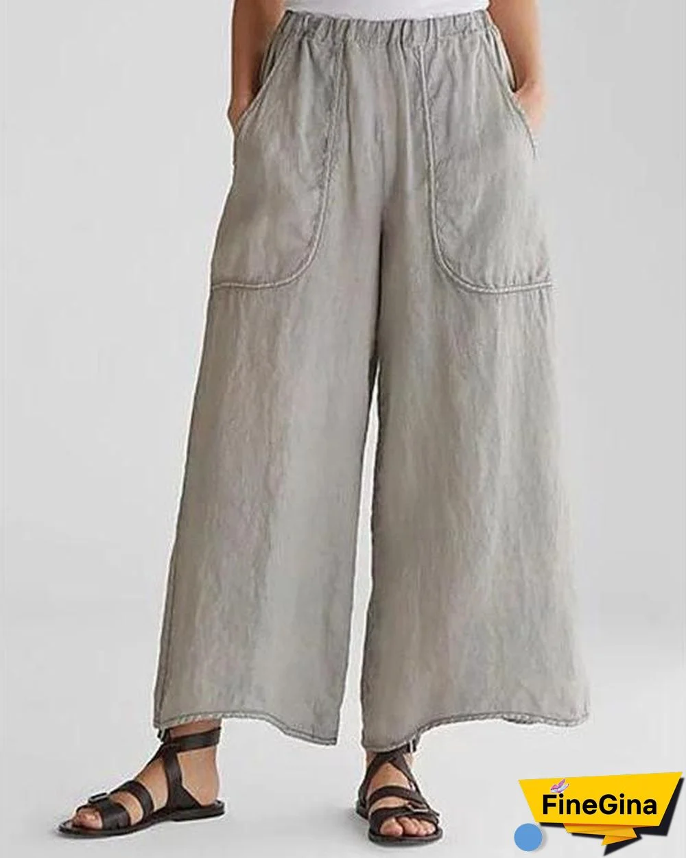 Cotton & Linen Pockets Plus Size Wide Leg Casual Pants