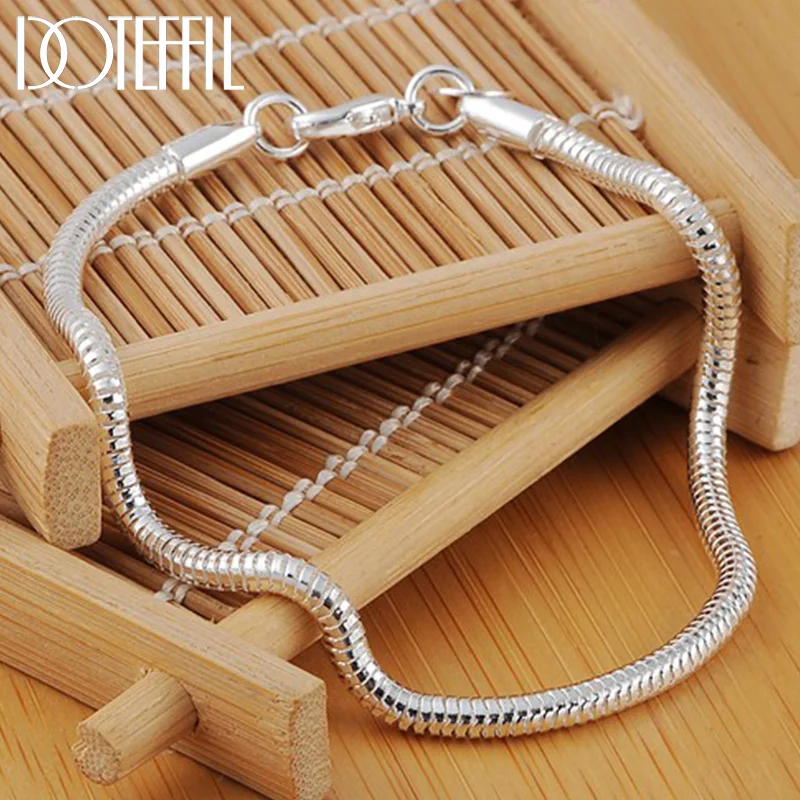 DOTEFFIL 925 Sterling Silver 3mm Snake Chain Bracelet For Women Jewelry