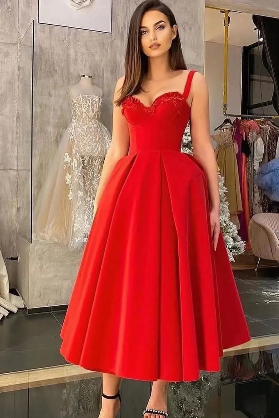 Red Straps Sweetheart Tea-length Evening Dress With Appliques ED0265