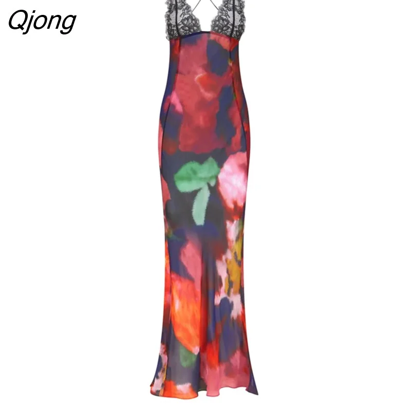 Qjong MO Elegant Tie Dye Floral Chiffon Dress Summer Sexy Women Backless Lace Bodycon Long Dresses 2023 Beach Party Vestidos