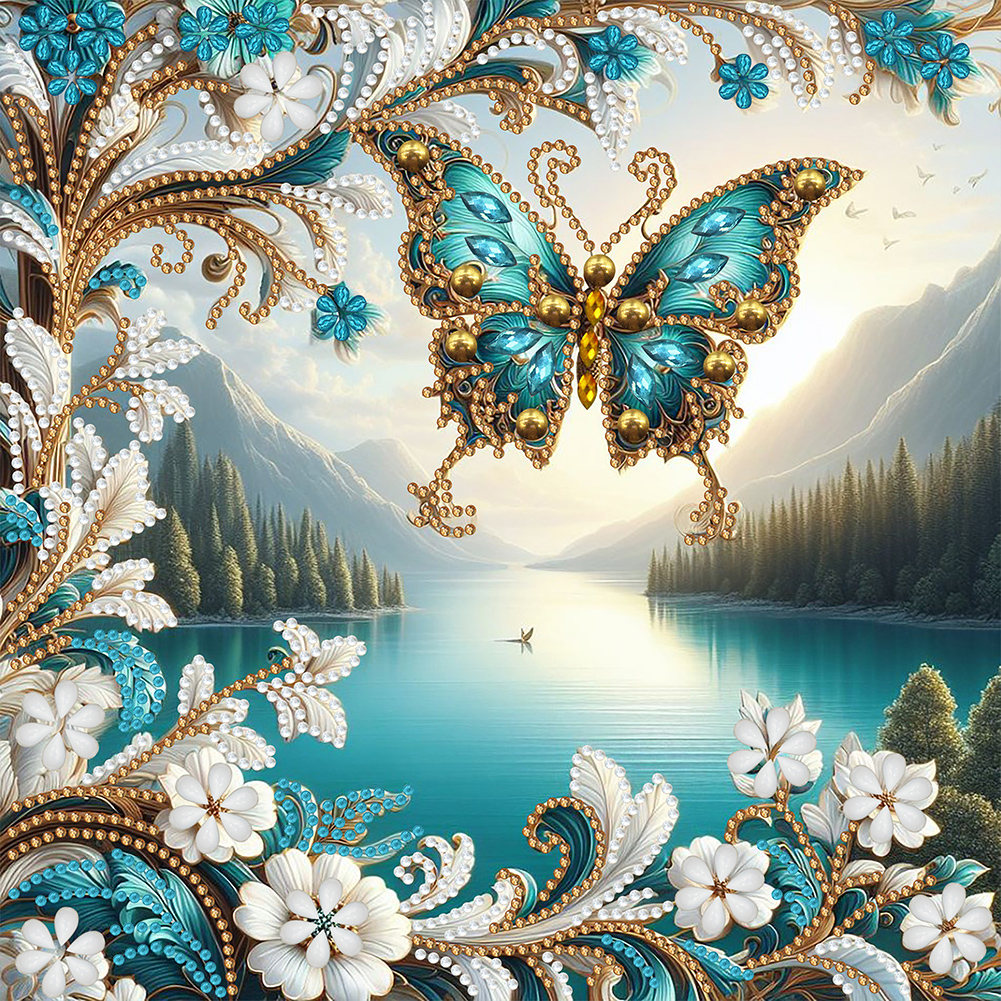 Flowers And Butterflies By The Lake 30*30cm(canvas) special shaped drill diamond painting