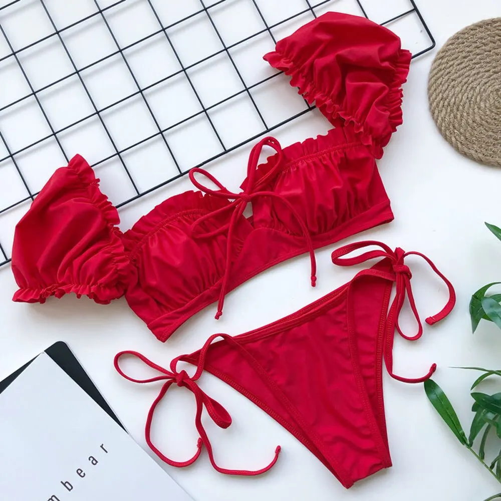 Off shoulder Thong Bikini 2020 Sexy Solid Swimwear Women bathers High cut Ruffle Brazilian Swimsuit Female bathing suit