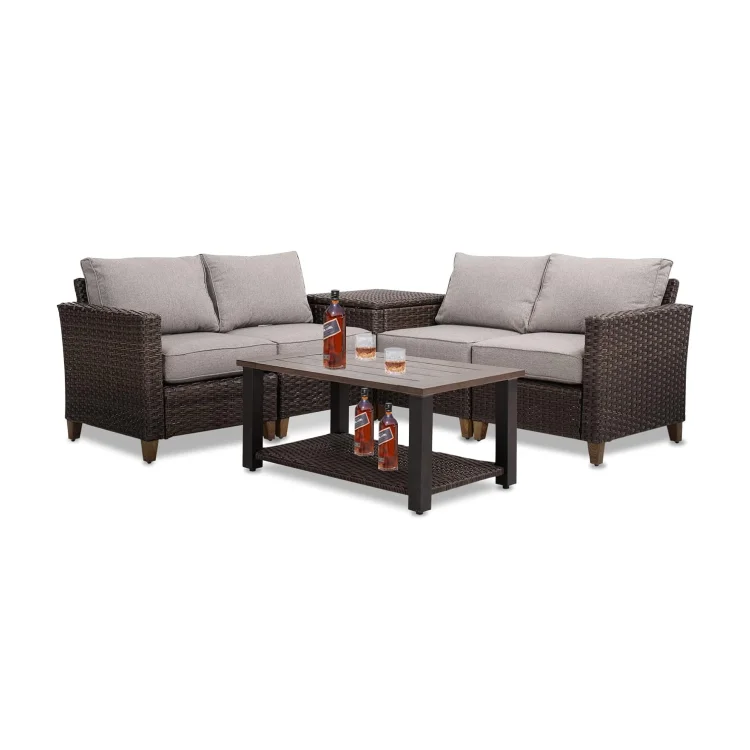  6 Piece PE Rattan Wicker Patio Conversation Furniture Sectional Sofa with Thick Cushions for Yard Garden Porch &Brown
