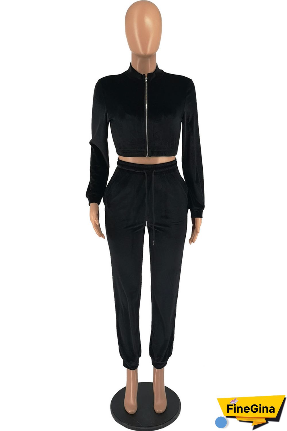 Black Casual Solid Patchwork Zipper Collar Long Sleeve Two Pieces