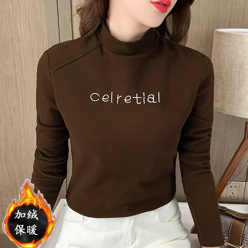 Brownm Brownm Velvet Warm Half High Collar Bottom Shirt Female Autumn And Winter Inside The Versatile 2023 New Long-Sleeved T-Shirt Female Jacket Foreign Style
