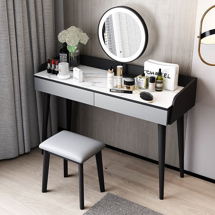 Homemys 39.37" Stone top Simple Makeup Vanity Dressing Table with LED Mirror & Stool