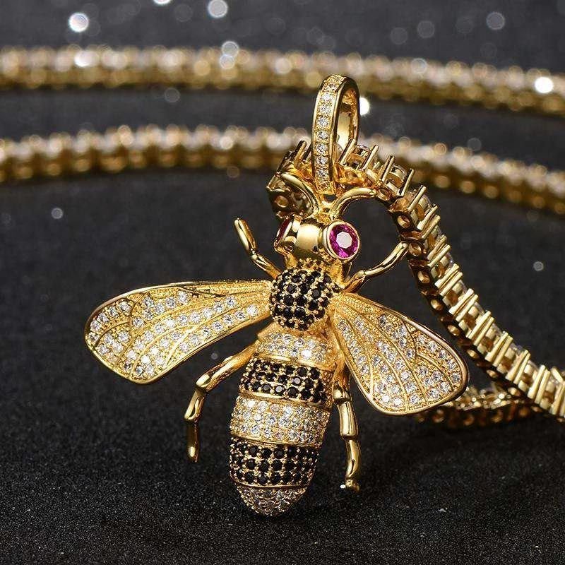 Gold Bee Pendant Iced Out Cubic Necklace Hip Hop Jewelry-VESSFUL