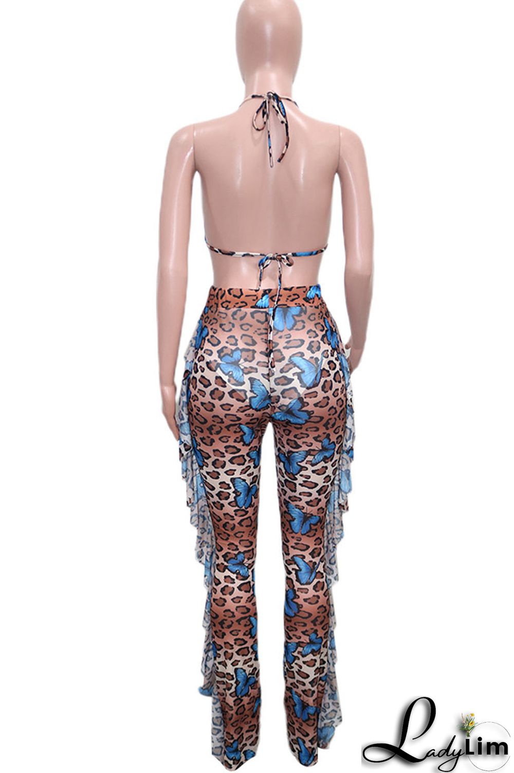 Pink Sexy Print Split Joint Flounce Halter Sleeveless Two Pieces