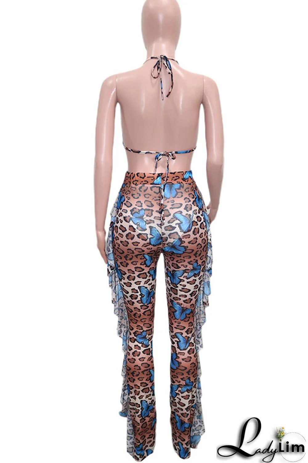 Pink Sexy Print Split Joint Flounce Halter Sleeveless Two Pieces