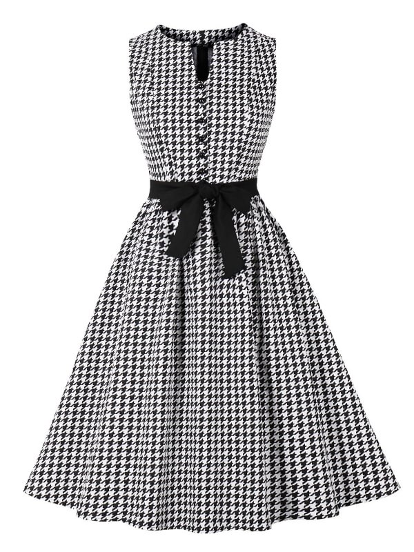 Vintage Houndstooth Pattern Sleeveless Dress