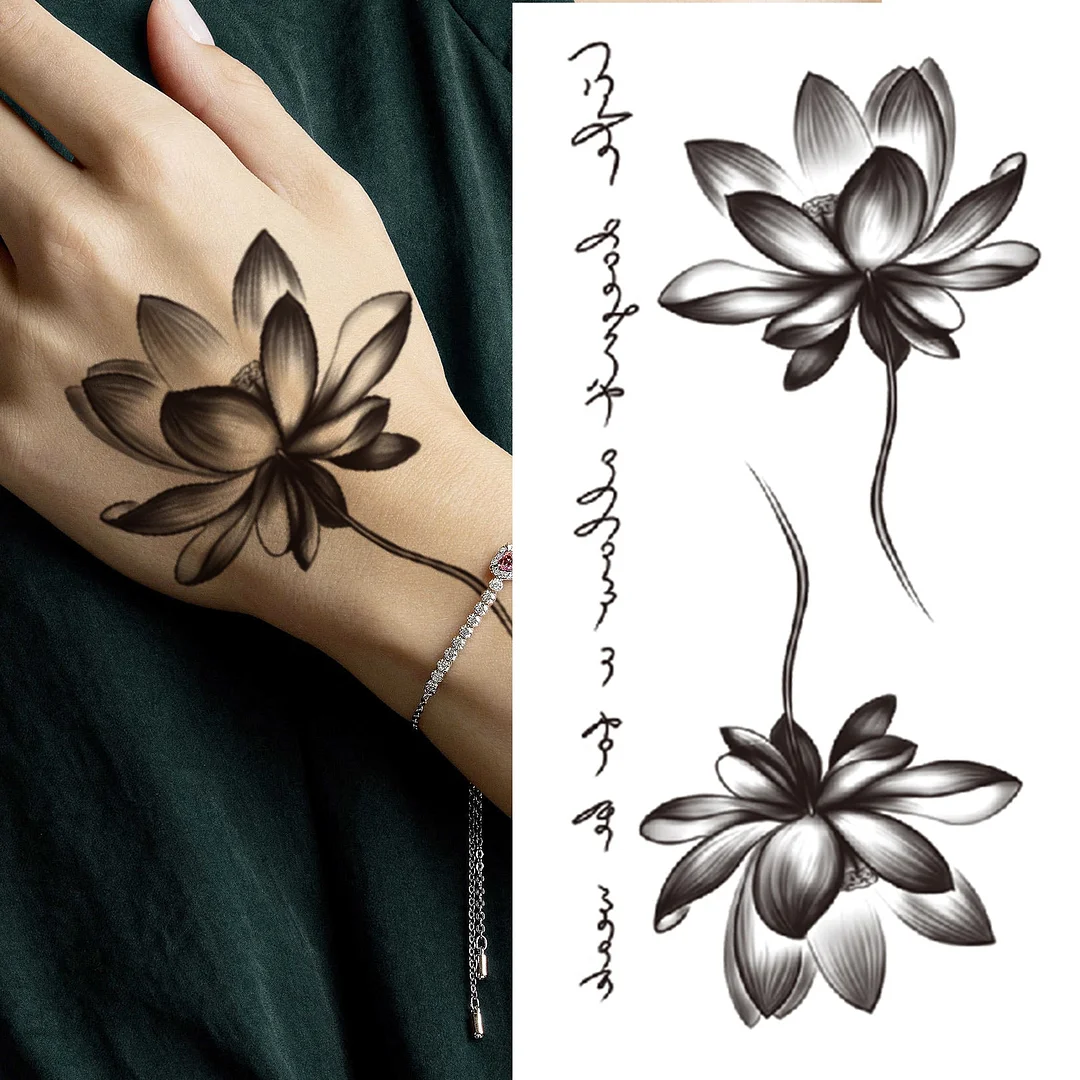 Lotus Flower Temporary Tattoo For Women Girls Snake Peony Lily Rose Chains Tattoos Sticker Black Blossom Fake Transferable Tatoo
