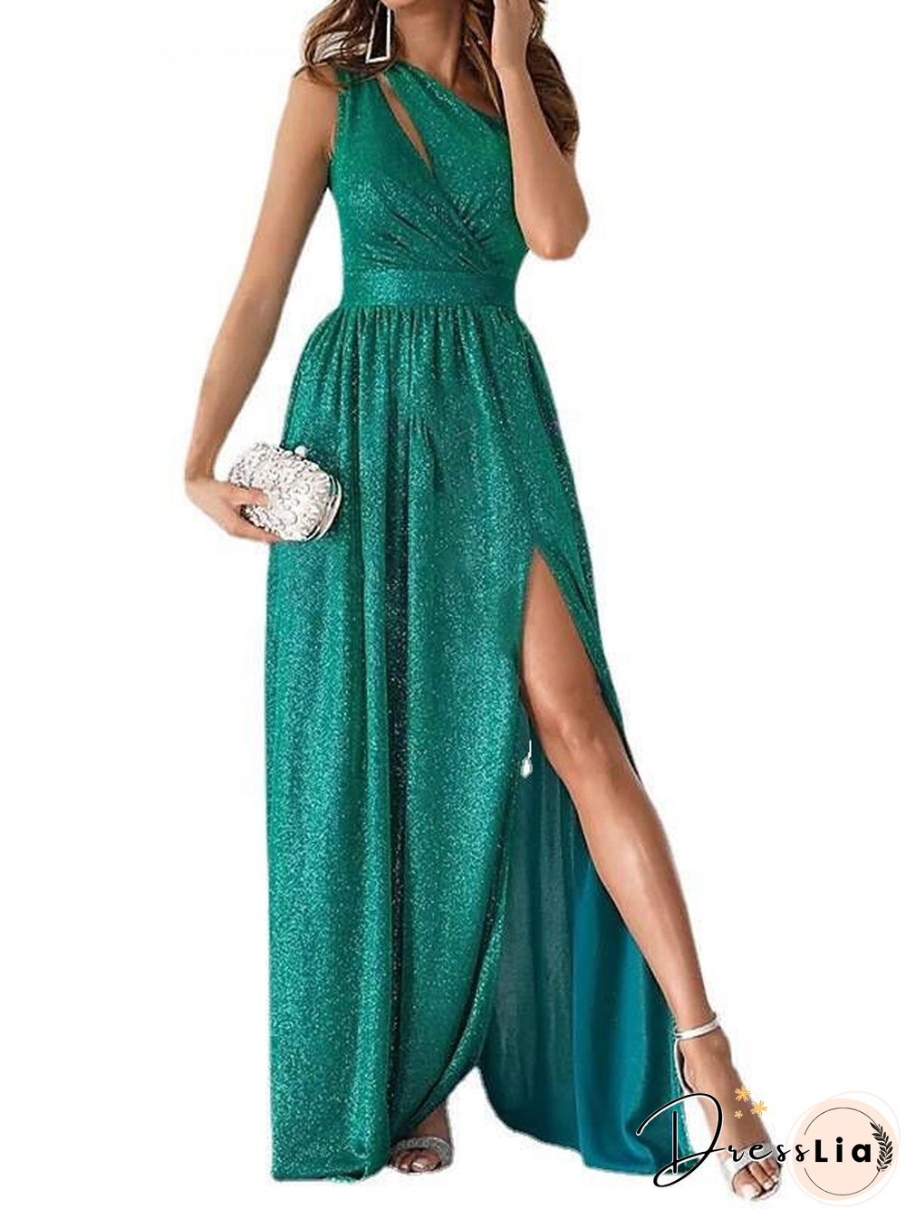 Elegant Hollow Split Chic Sexy Dresses Women Summer Dress New Sloping Shoulder Sleeveless Sparkling High Waist Long Dress