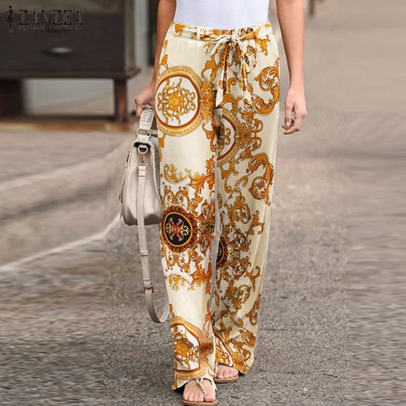 ZANZEA Stylish Floral Pants Women Print Trousers Drawstring Elastic Waist Pantalon Palazzo Female Casual Autumn Turnip Oversized