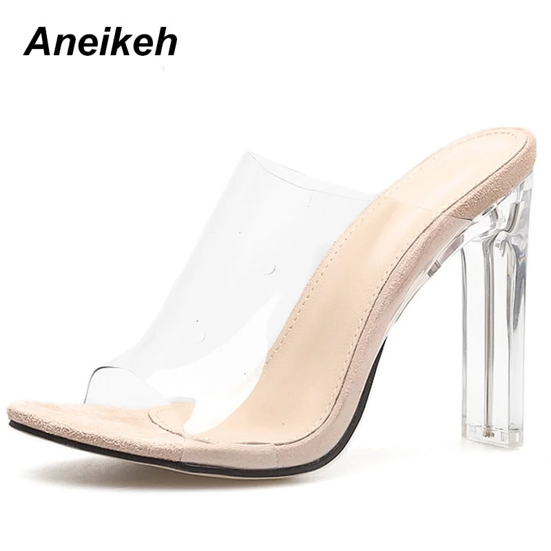 Aneikeh 2021 New PVC Jelly Sandals Crystal Open Toed Sexy Thin Heels Crystal Women Transparent Heel Sandals Slippers Pumps 41 42
