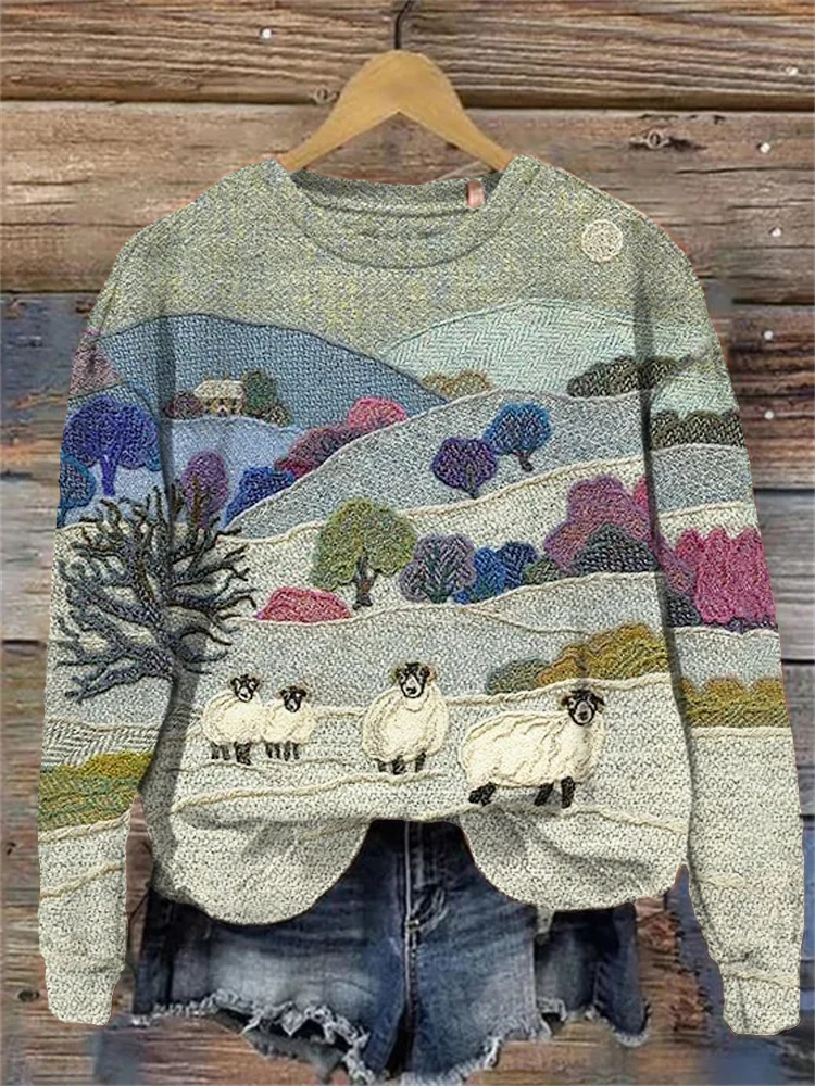 Comstylish Mountain & Sheep Pattern Crew Neck Sweatshirt