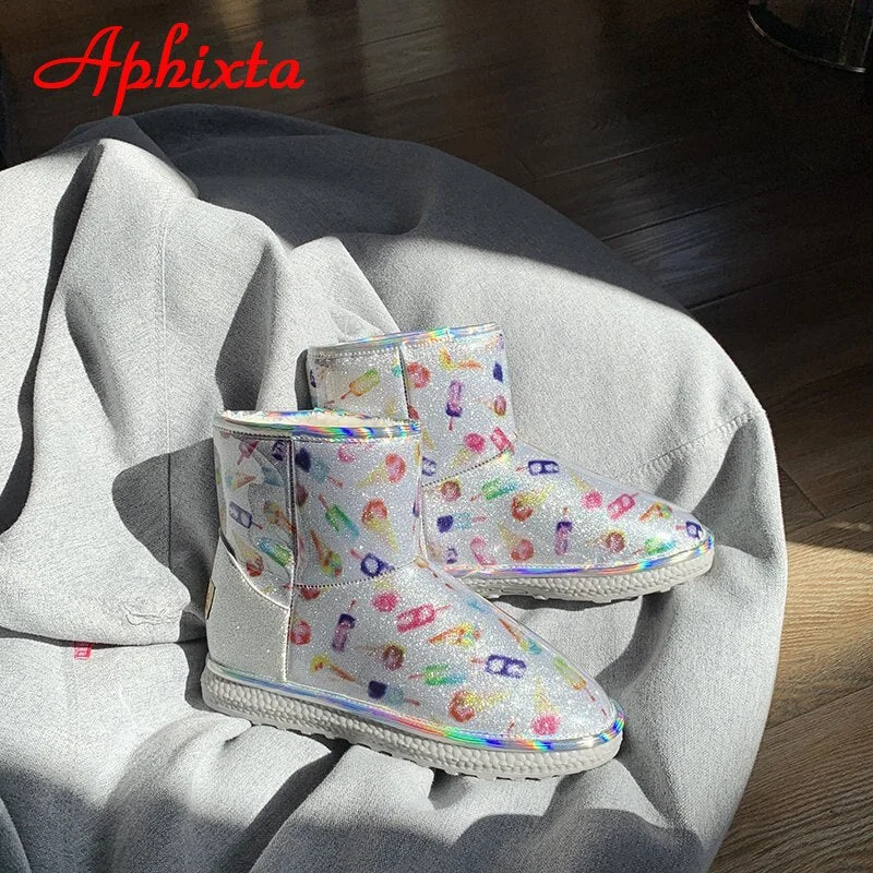 APHIXTA 2020 Winter Transparent Waterproof Women's Short Snow Boots Plush Warm Platform Women Furry Round Head Shoes Woman