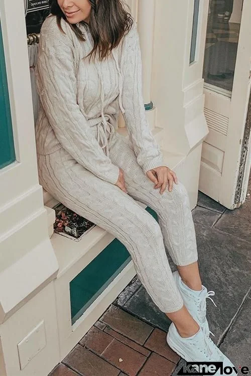 Solid Color Hooded Collar Knitted Pants Set