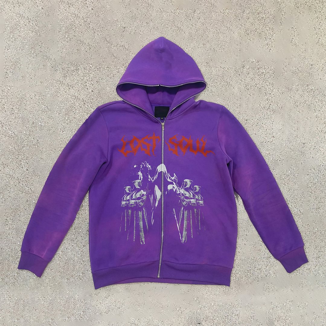 Gradient Tie-Dye Vintage Print Pull Up Hoodie