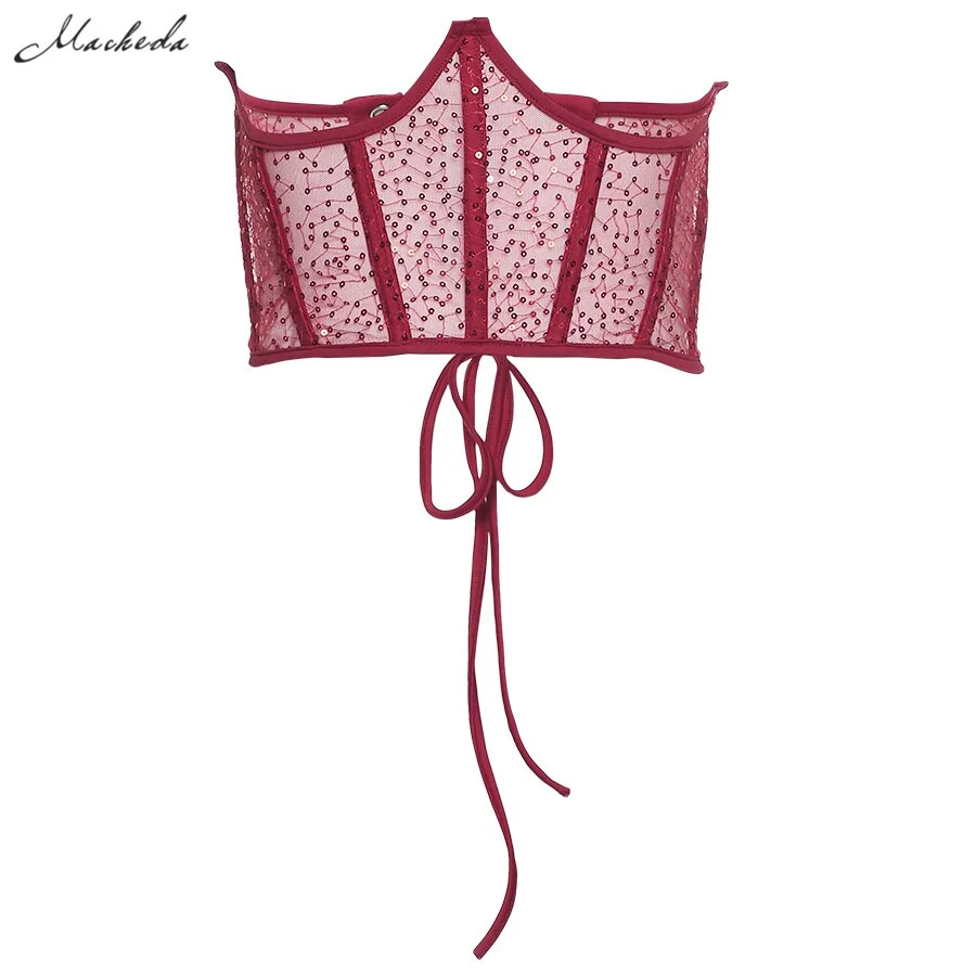 Macheda Spring Fashion Lace Up Slim Corset Women Sexy Crystal Sequins Mesh Lace Clothing Lady Streetwear Bodycon Top 2021 New