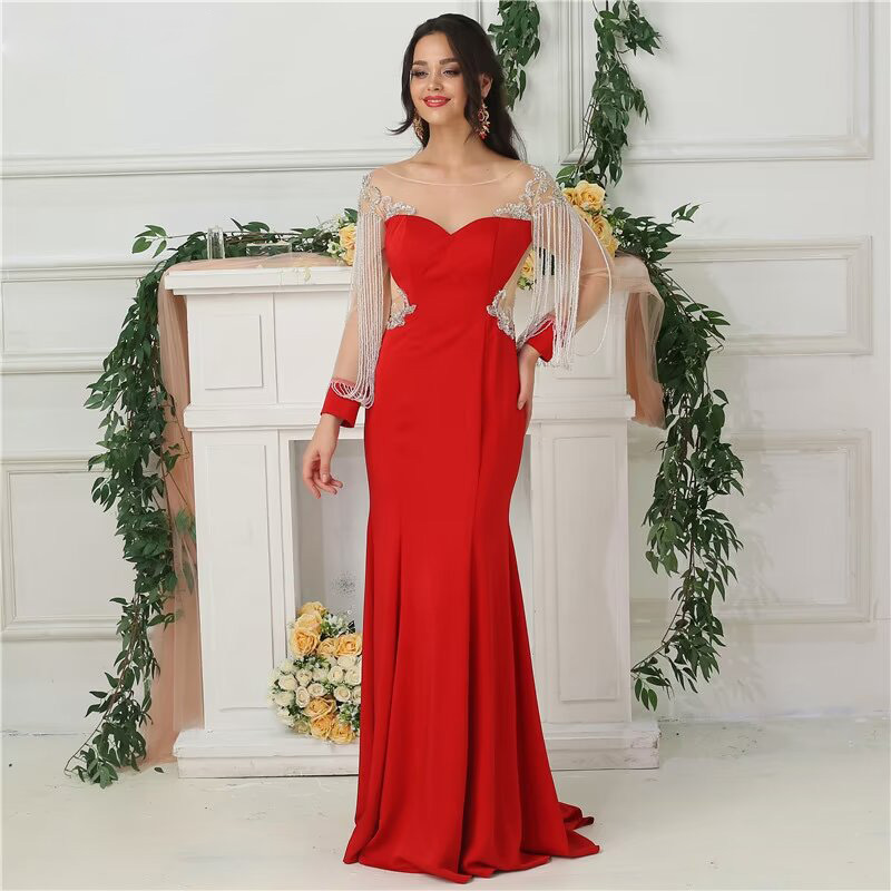 Oknass Gorgeous Red Long Sleeves Off the Shoulder Long Mermaid Prom Dress with Beadings