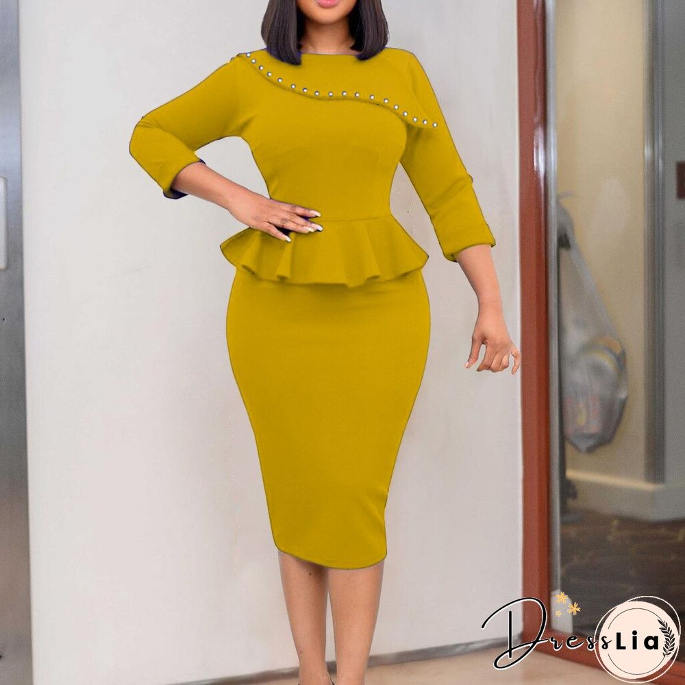 Summer Dress Women Sexy Solid Color Slim Fit Hip Beaded Pencil Professional Dress Vestidos