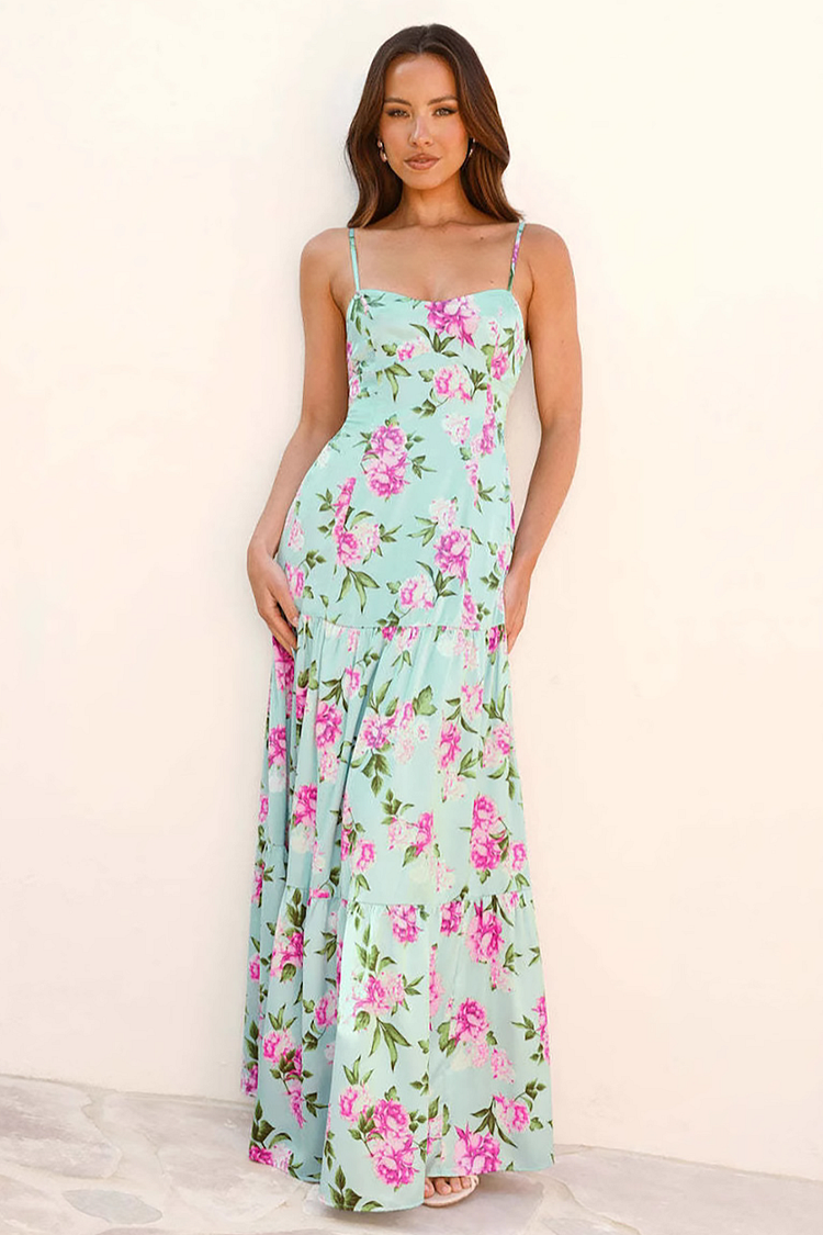 Floral Print Semi-Fitted Backless Strappy Maxi Dresses-Blue