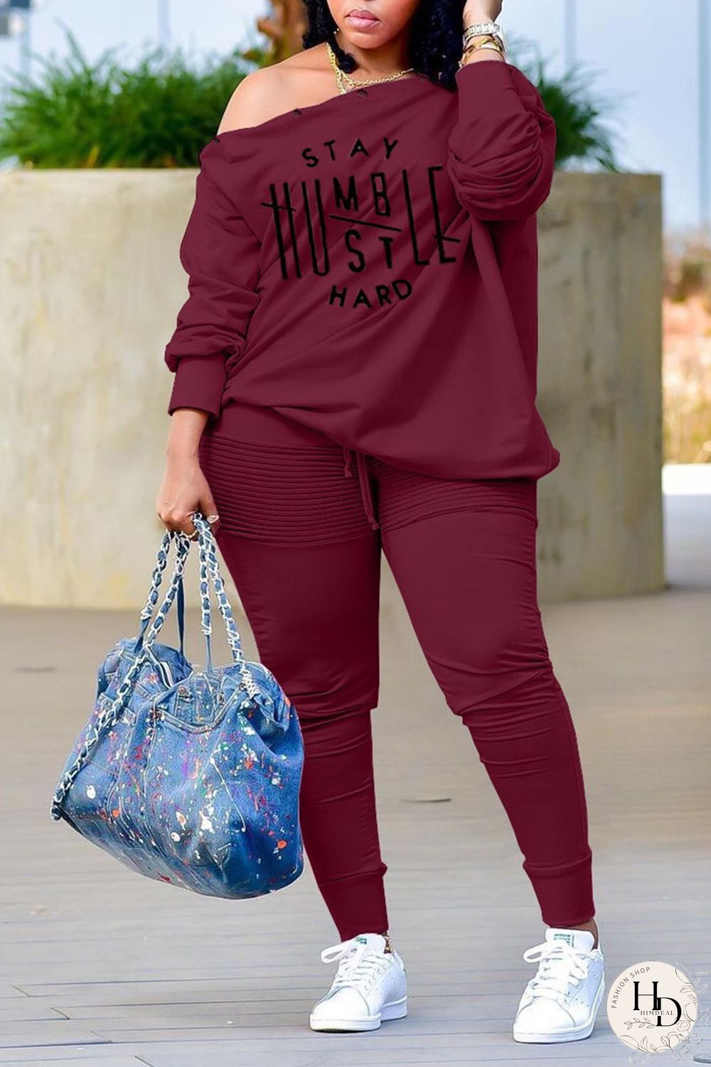 Black Casual Print Patchwork Buckle Off the Shoulder Plus Size Two Pieces