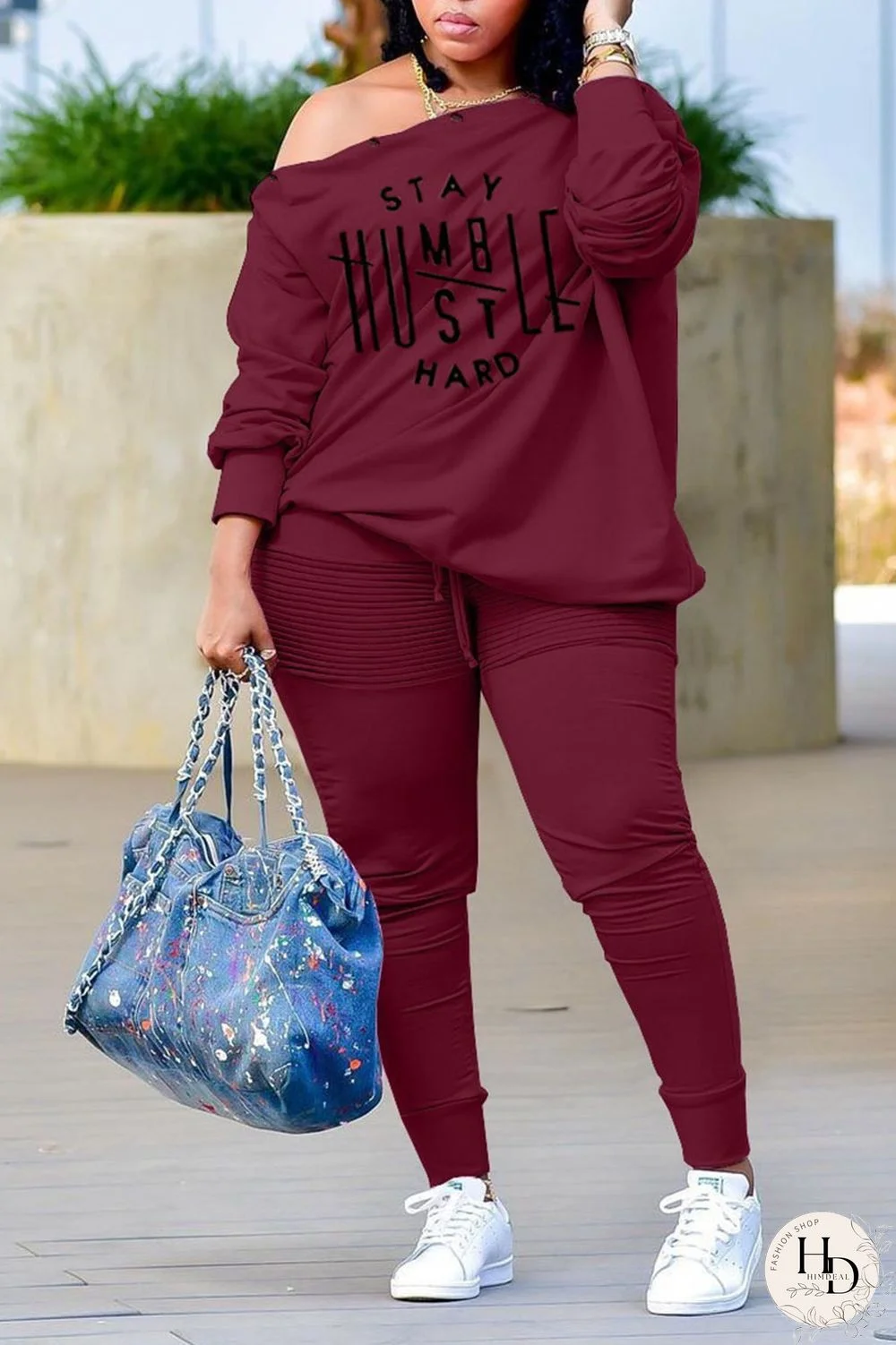 Black Casual Print Patchwork Buckle Off the Shoulder Plus Size Two Pieces