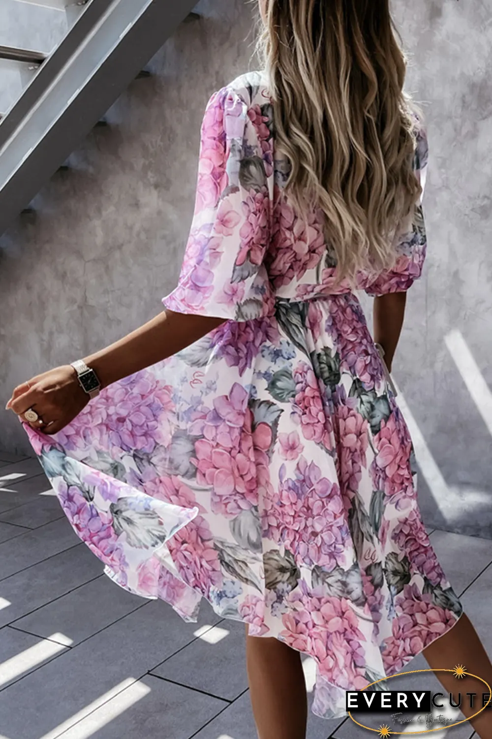 Fashion Elegant Floral Buckle With Belt V Neck Irregular Dress Dresses