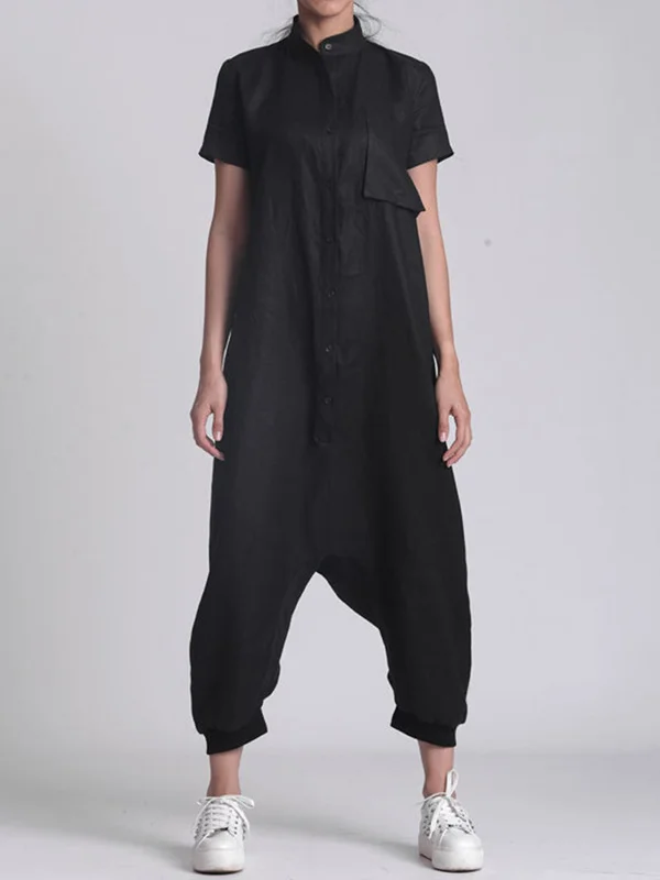 Minimalist Black Stand Collar Low Crotch Short Sleeves Jumpsuits