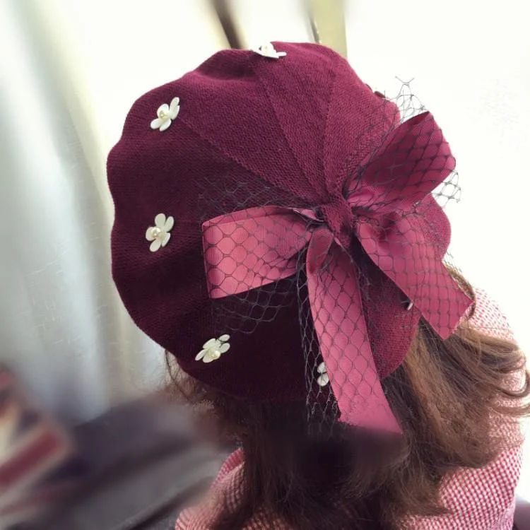 Grey/Black/Wine Red Floral Bow Beret Hat SP1710914