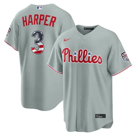 Men's Philadelphia Phillies #3 Bryce Harper Nike Gray USA 250 Fourth of July Road Stadium Jersey