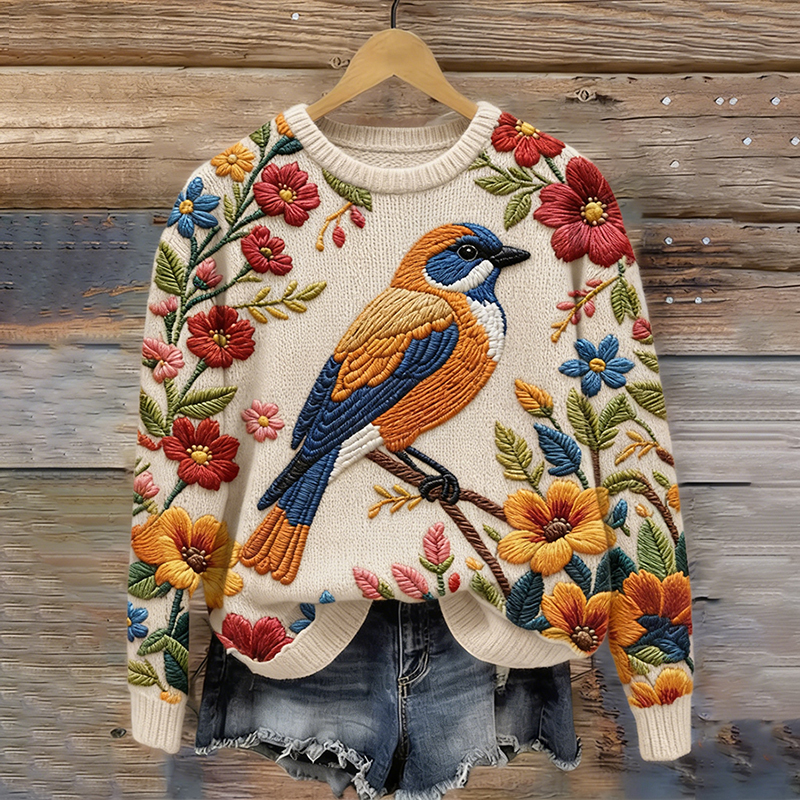 Women's Flowers And Bird Pattern Knit Sweater wearshes