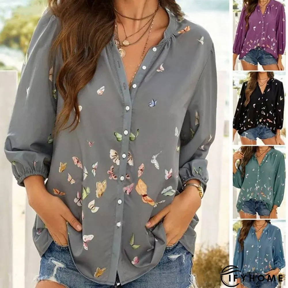 Colorful Butterfly Print Chiffon Long Sleeve Shirt | IFYHOME