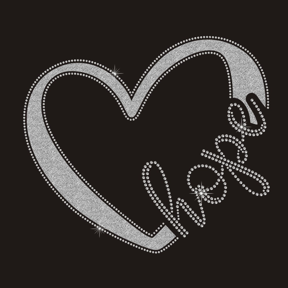 Hotfix Rhinestone hope letter design silver color glitter vinyl heart heat press transfer