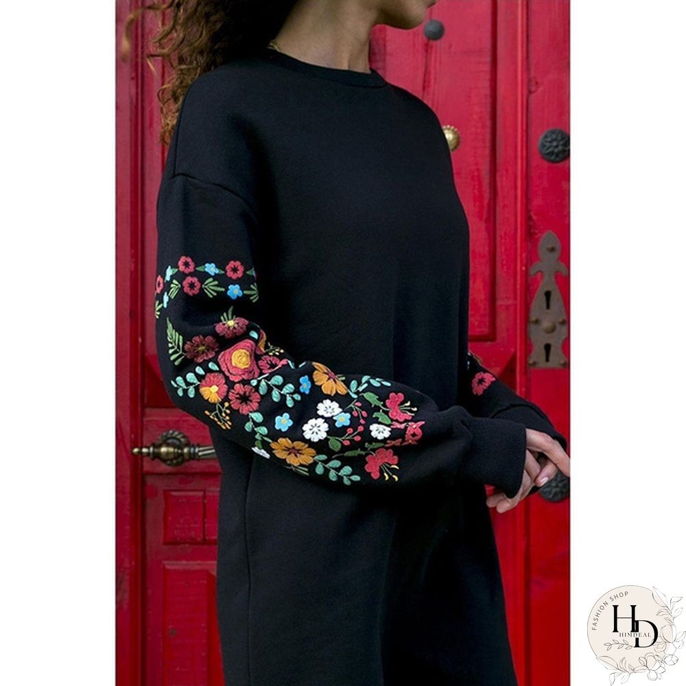 Autumn Women O-neck Long Sleeve Floral Print Patchwork Pullover Plus Size Loose Casual T Shirt Dress