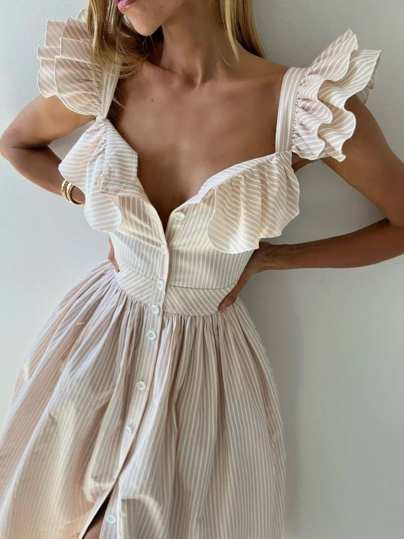 Athvotar Athvotar Temperament Commuting Style Leaf Side Striped Dress Women's Summer Senior Neck Cuff Double Design Women's Clothing